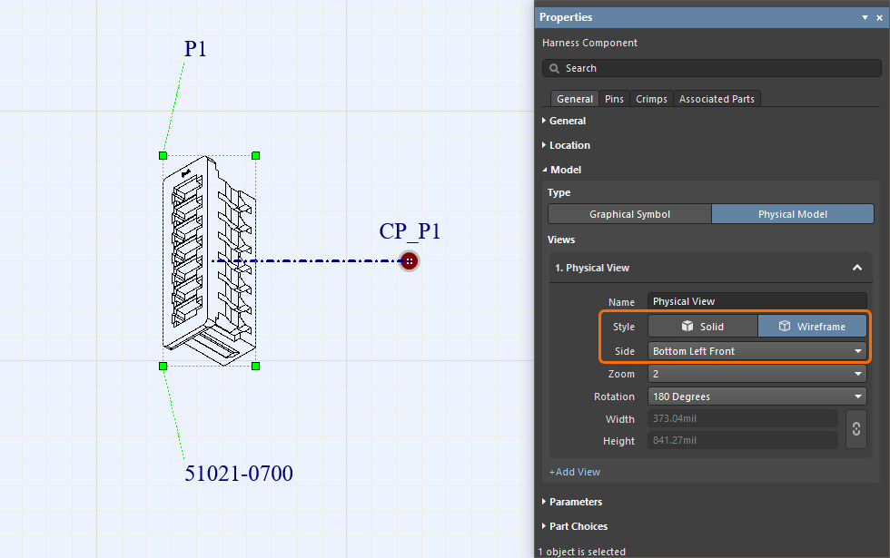 Optional connector view in the layout editor set to physical view